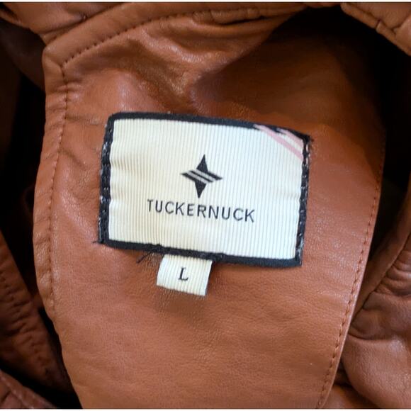 Tuckernuck Faye Blouse Top Large Cognac Brown Faux Leather Bow Back Ruffle Neck - Picture 7 of 9